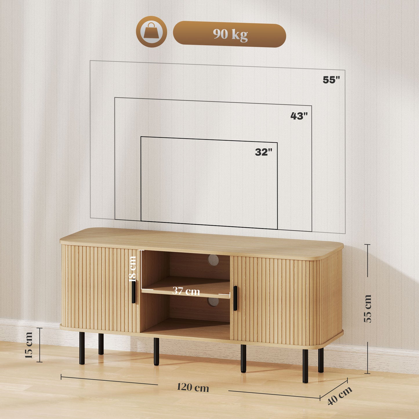 TV Stand Cabinet for TVs up to 55 Inches, TV Unit with Storage Shelves and Cupboard for Living Room, Oak Tone