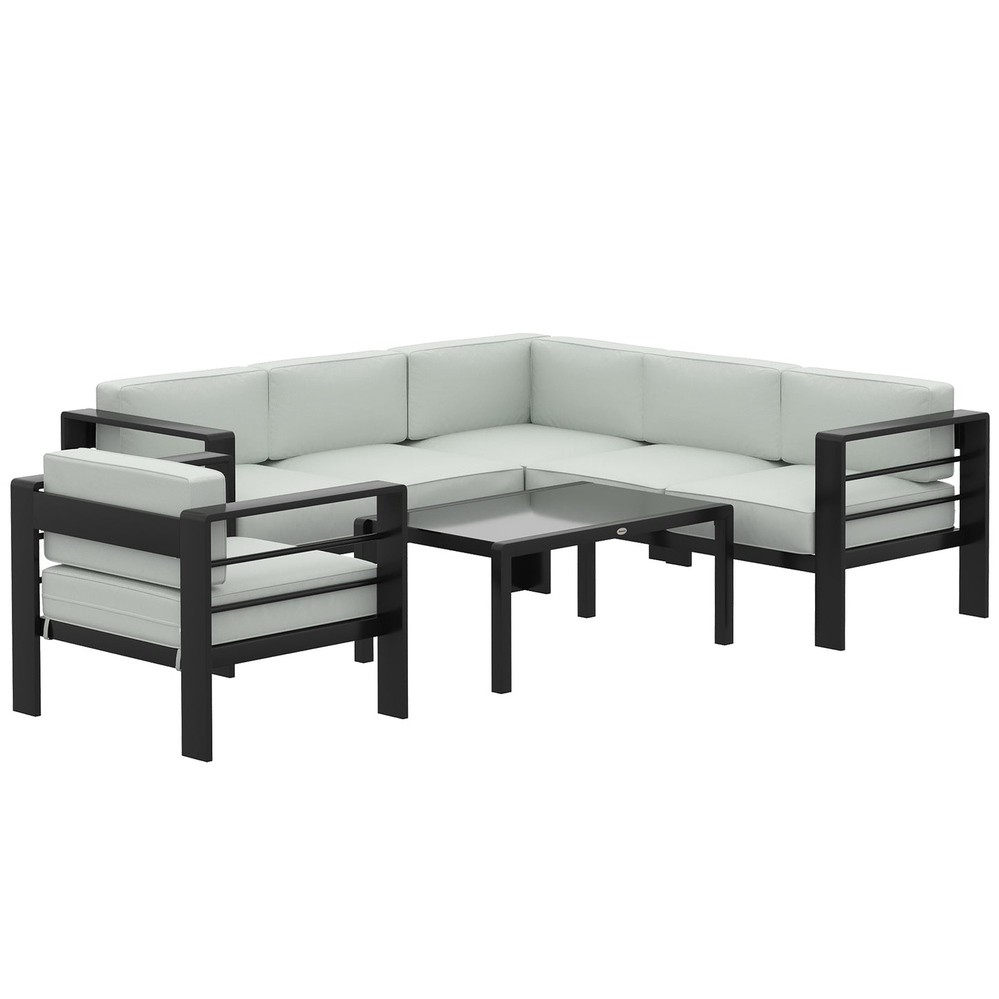 5-Piece Garden Corner Sofa Set with Cushions, 6 Seater Aluminium Garden Furniture Set with Coffee Table, Light Grey