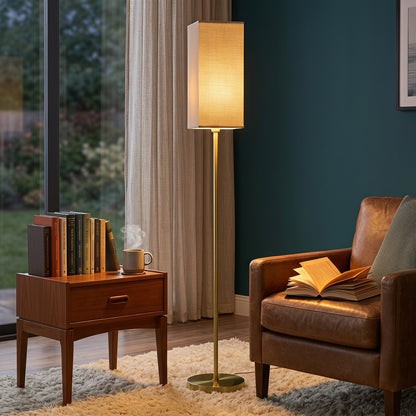 Floor Lamp, Modern Standing Lamp with Linen Shade and Foot Switch, Tall Lamps for Bedroom, Bulb not Included, Gold Tone