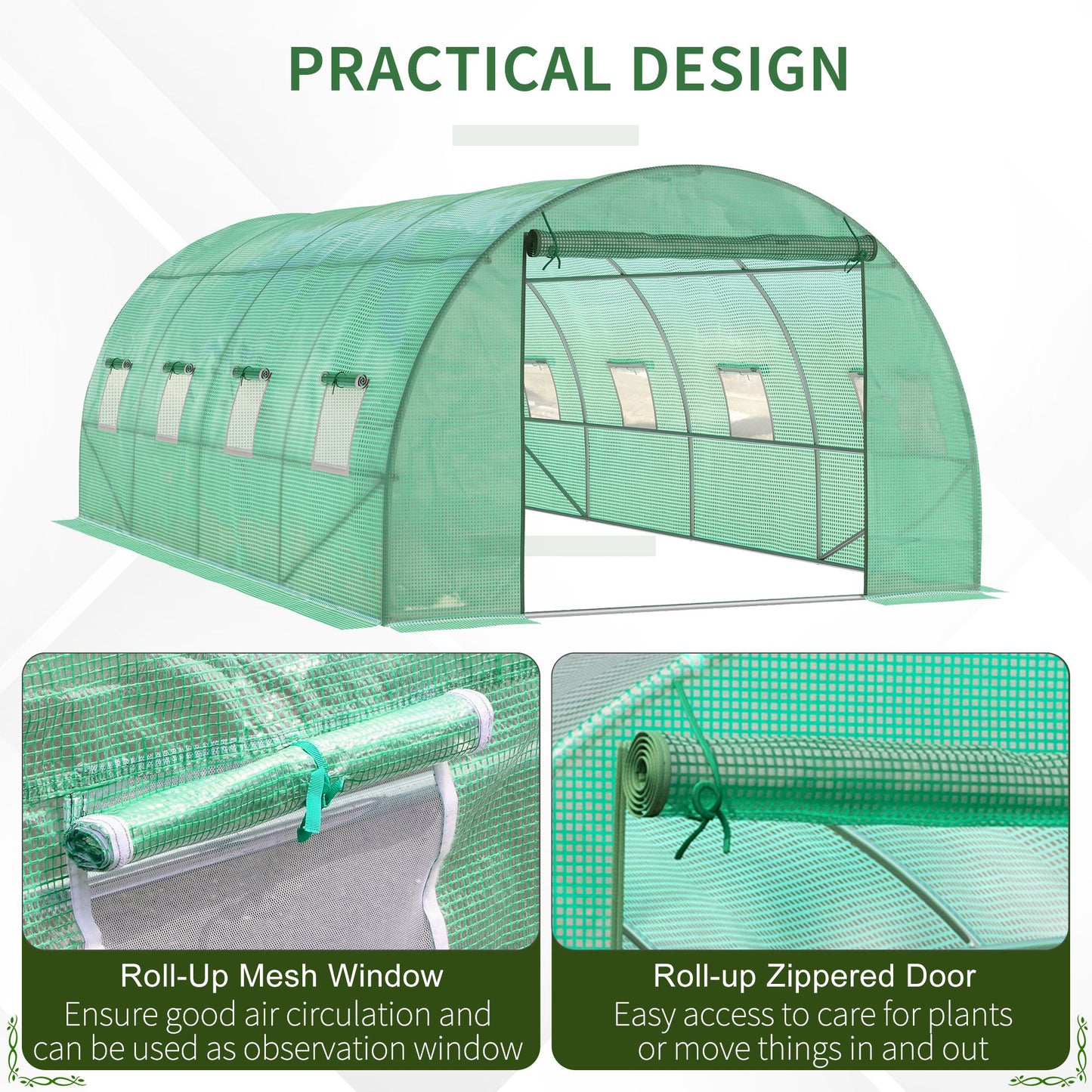 Walk-in Polytunnel Greenhouse, Outdoor Garden Tunnel Greenhouse Tent with Zipped Roll-Up Door and 8 Mesh Windows, 6 x 3M
