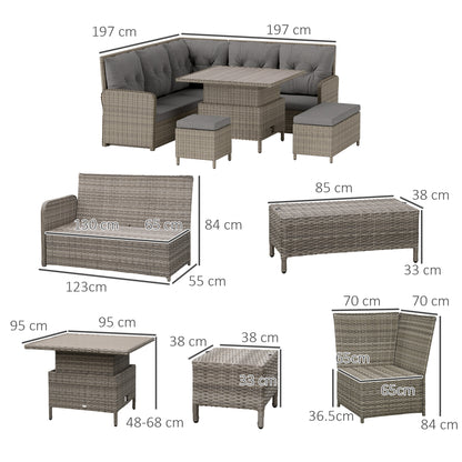 7 Seater Rattan Garden Furniture Set, 6 Piece Patio Dining Set with Liftable Coffee Table and Soft Padded Cushion