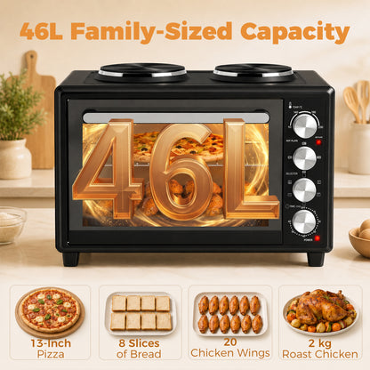 46L Mini Oven with Dual Hot Plates, Electric Countertop Cooker with Convection, 90–230°C Adjustable Temperature