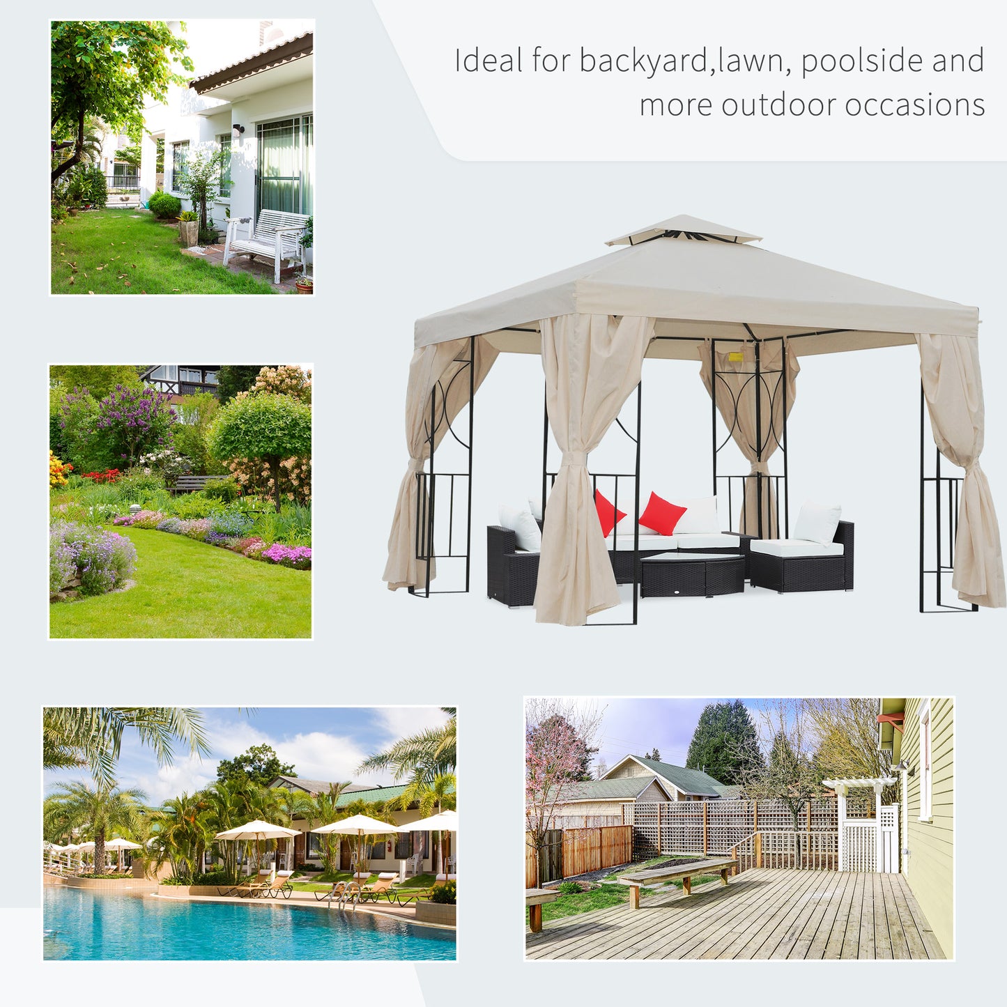 3 x 3 m Garden Gazebo Double Roof Marquee Patio Wedding Party Tent Canopy Shelter with Sidewalls, (Beige)