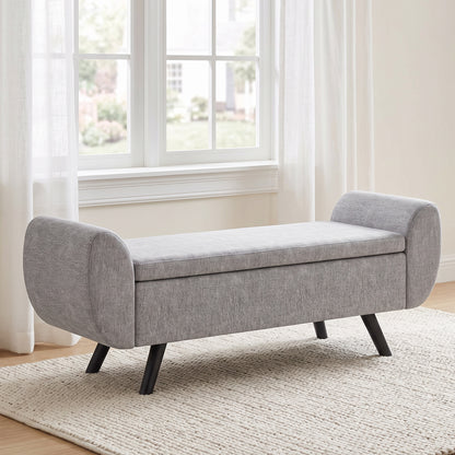 Storage Ottoman with Armrest, Window Seat, Upholstered Linen Storage Bench with Rubberwood Legs