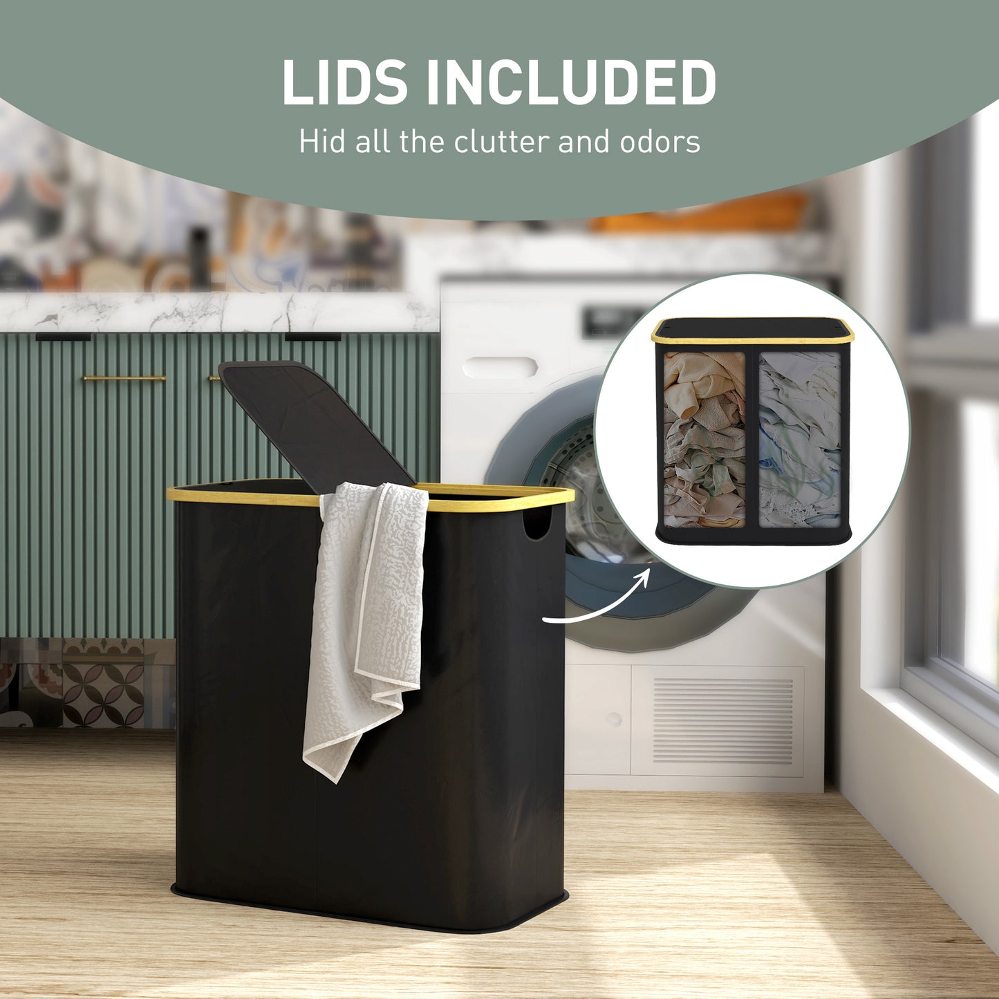 Double Laundry Basket With Lid, 80L Collapsible Laundry Hamper with Groove Handles, Washing Basket for Bathroom, Bedroom