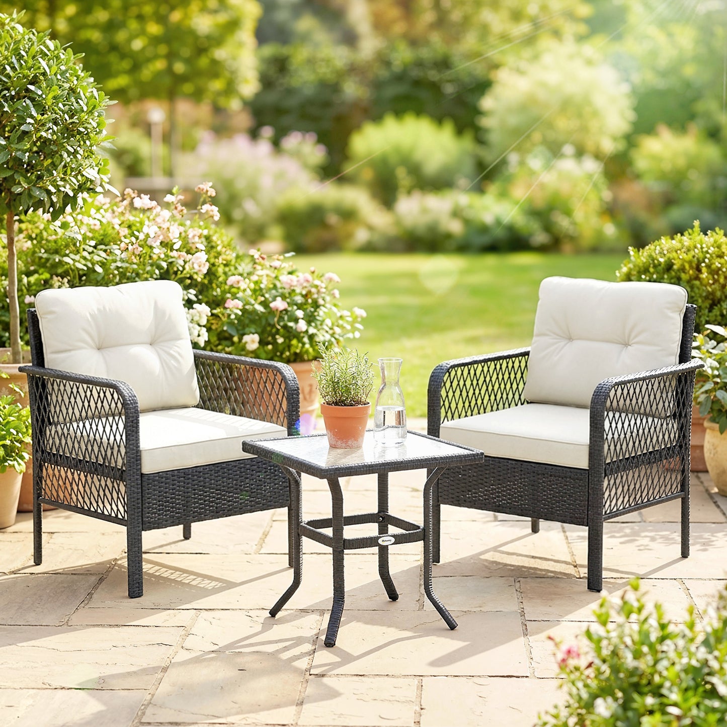 3 Pieces Rattan Bistro Set with Glass Top Coffee Table, Chairs and Cushions for Outdoor, Patio, Balcony, Cream