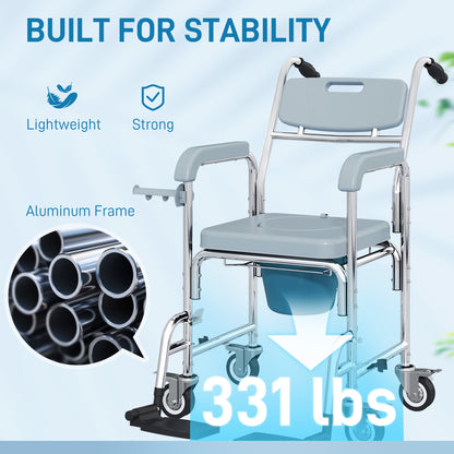 Rolling Shower Wheelchair for Seniors, Bedside Commode Chair with Locking Wheels, Seat, Backrest, Arms, Grey