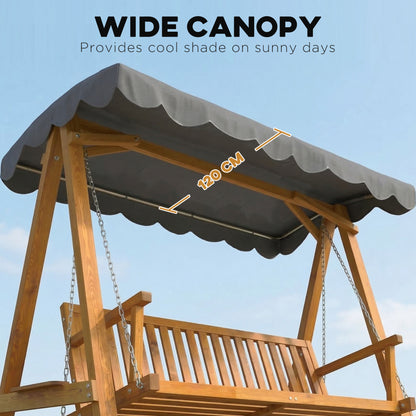 3 Seater Garden Swing Seat with Canopy, Wooden Swing Chair, Outdoor Hammock Bench for Balcony Patio Porch, Dark Grey