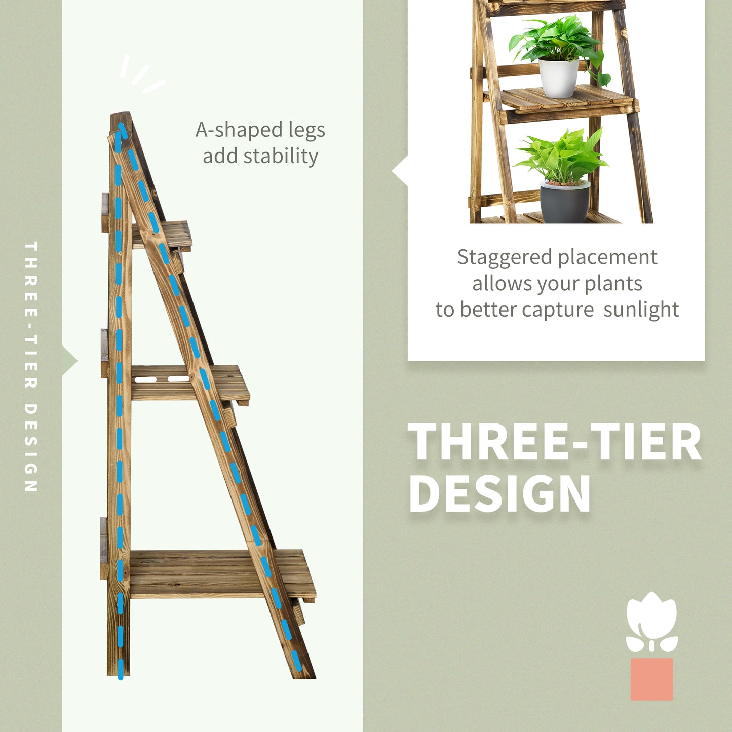 Wooden Folding Flower Pot Stand 3 Tier Garden Planter Display Ladder Gardener Storage Shelves Rack Herb Holder (40L x 37W x 9