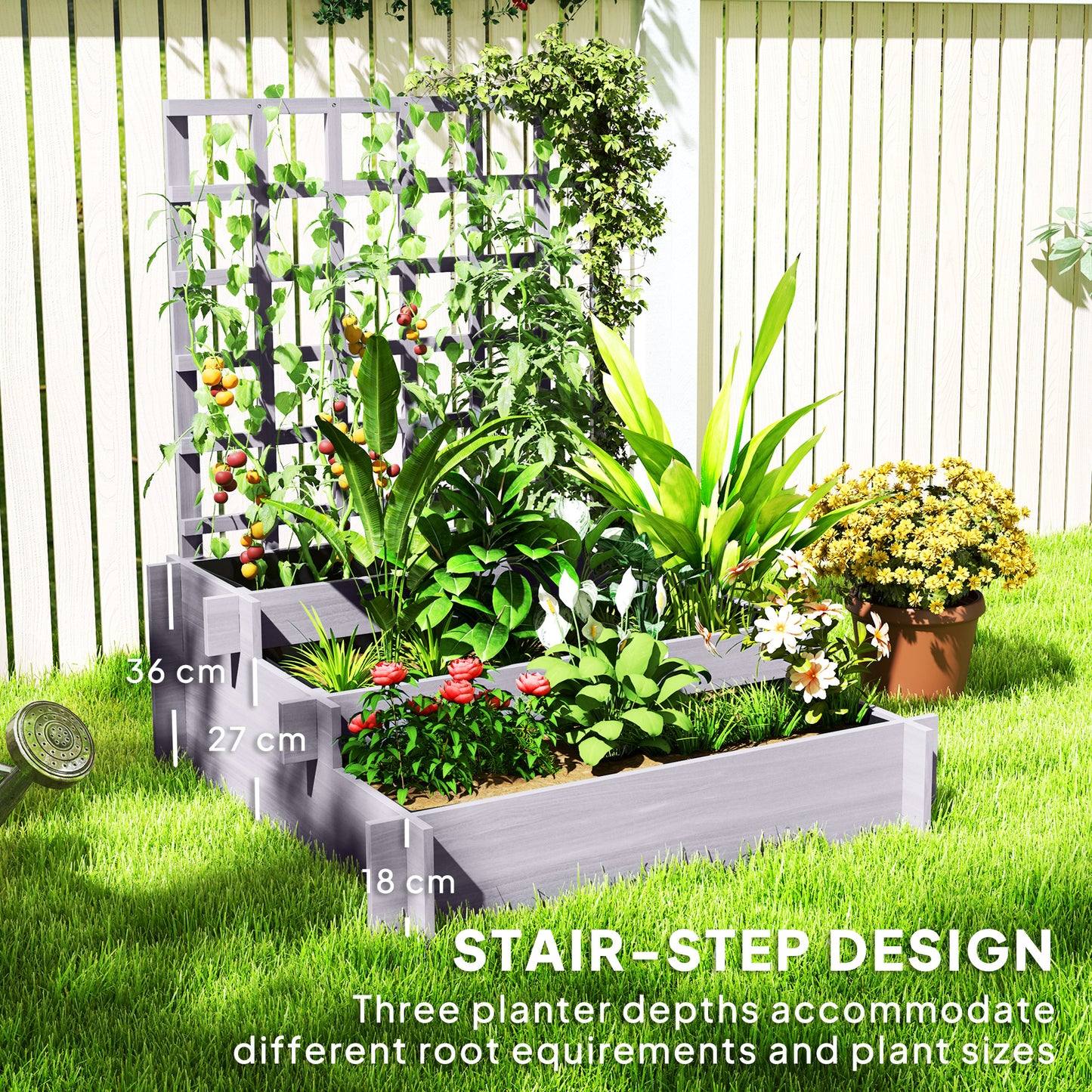 3 Tier Garden Planters with Trellis for Vine Climbing, Wooden Raised Beds, 95x95x110cm, Grey