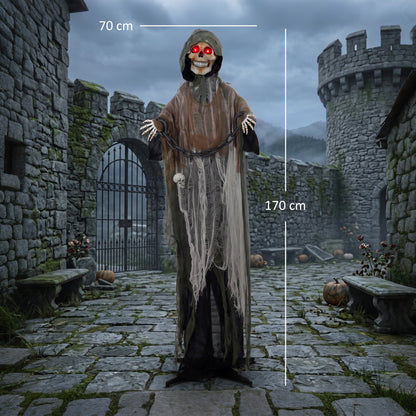 170cm Animated Grim Reaper, Life-Size Halloween Animatronic with Moving Hands/Head, Glowing Eyes, Creepy Sound