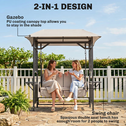 Outdoor Garden 2 Seater Canopy Swing Chair Seat Porch Loveseat Vintage Hammock Cushioned Seat w/ Steel Frame and Side Drink P
