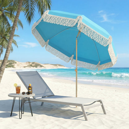 1.7 m Beach Umbrella with Sand Anchor, 30° Tilting Fringed Beach Garden Parasol with Adjustable Height, Grey