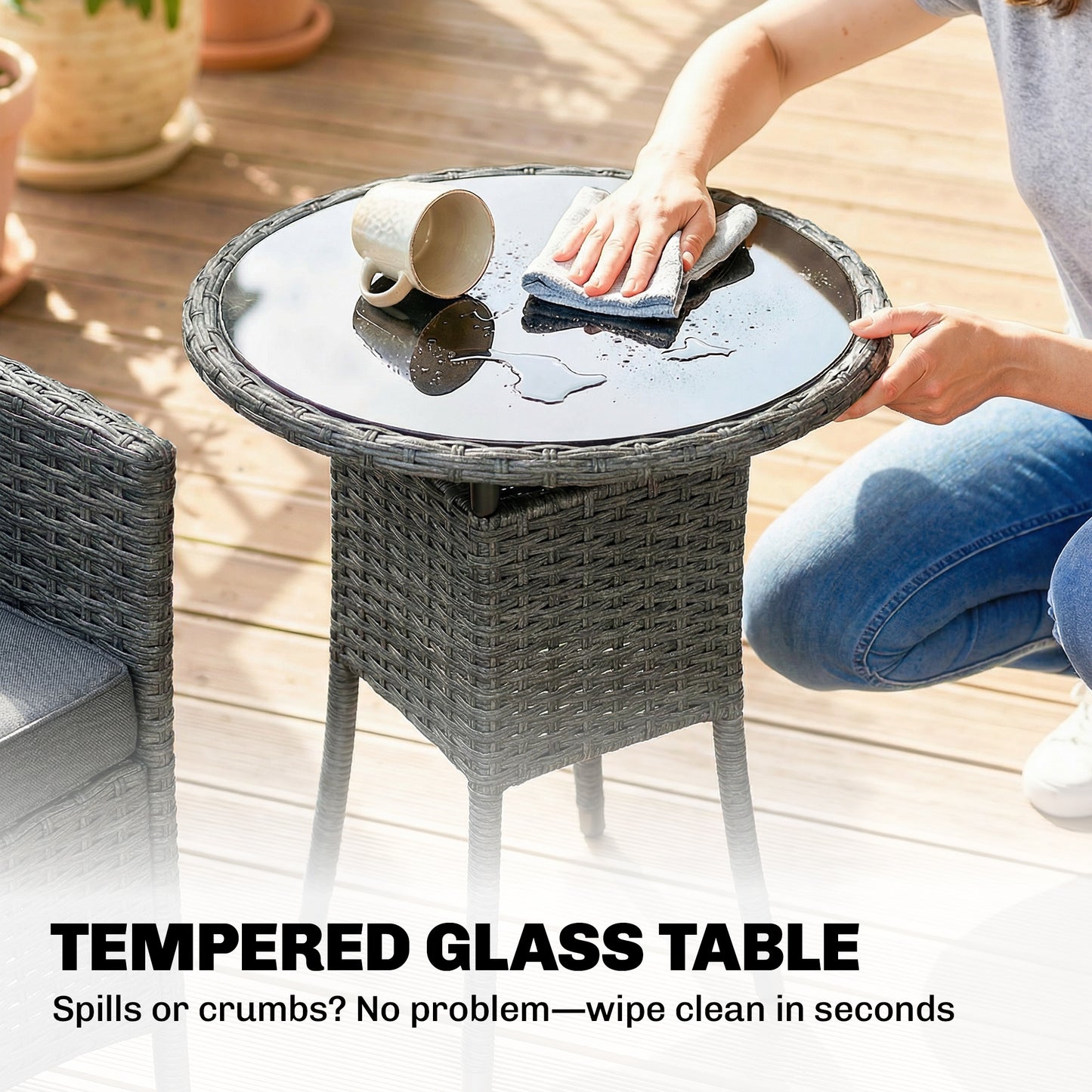 Rattan Bistro Set, Reclining Garden Chairs and Glass Coffee Table with Cushions for Patio Balcony Porch, Grey
