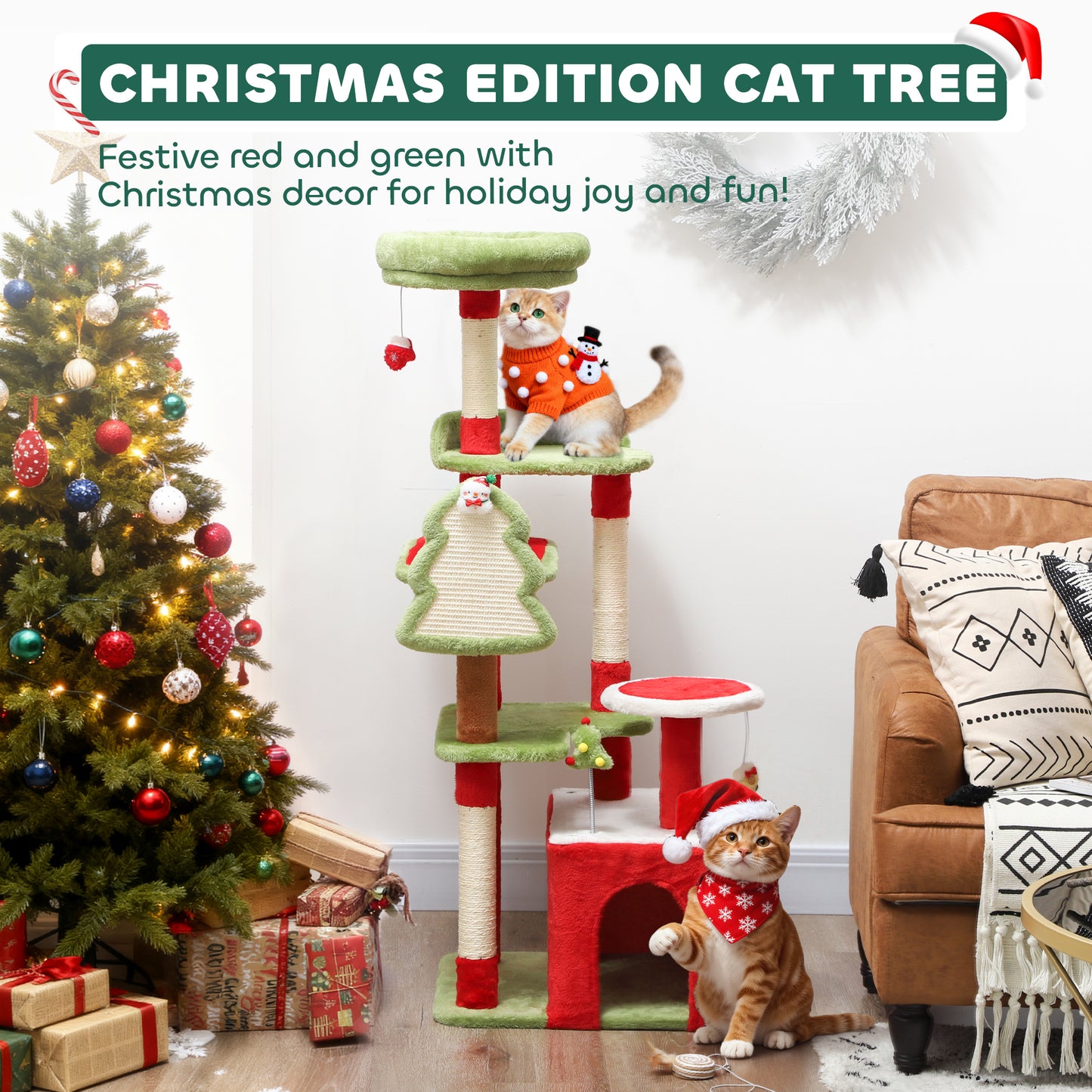 Cat Tree, 120cm Christmas Cat Tower with 3 Scratching Posts, Scratching Board, 2 Perches, Platforms, Toys, Green