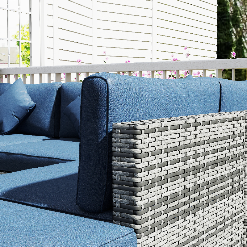 8 Pieces PE Rattan Corner Sofa Set, Outdoor Garden Furniture Set, Patio Wicker Sofa Seater with Cushion, Dark Blue