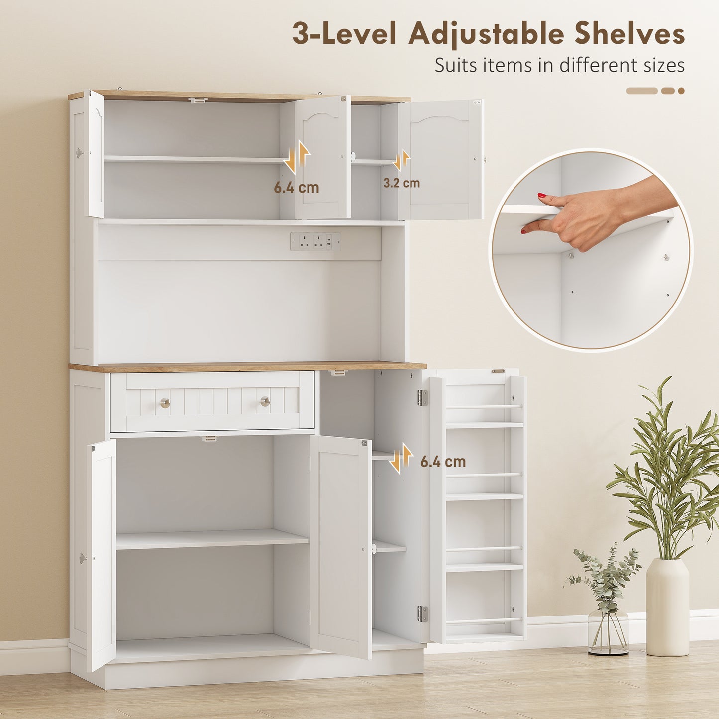 173 cm Tall Kitchen Cupboard with Charging Station, Pantry Storage Cabinet with Adjustable Shelves and 4 Door Racks