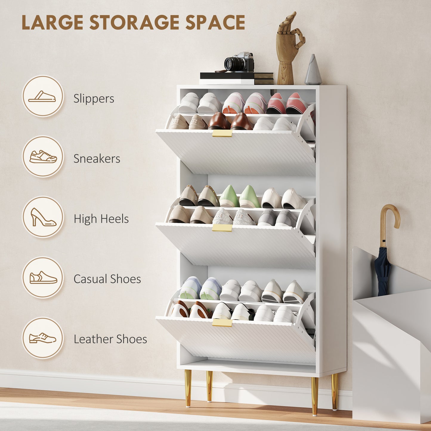 Elegant Three-Drawer Shoe Cabinet - White