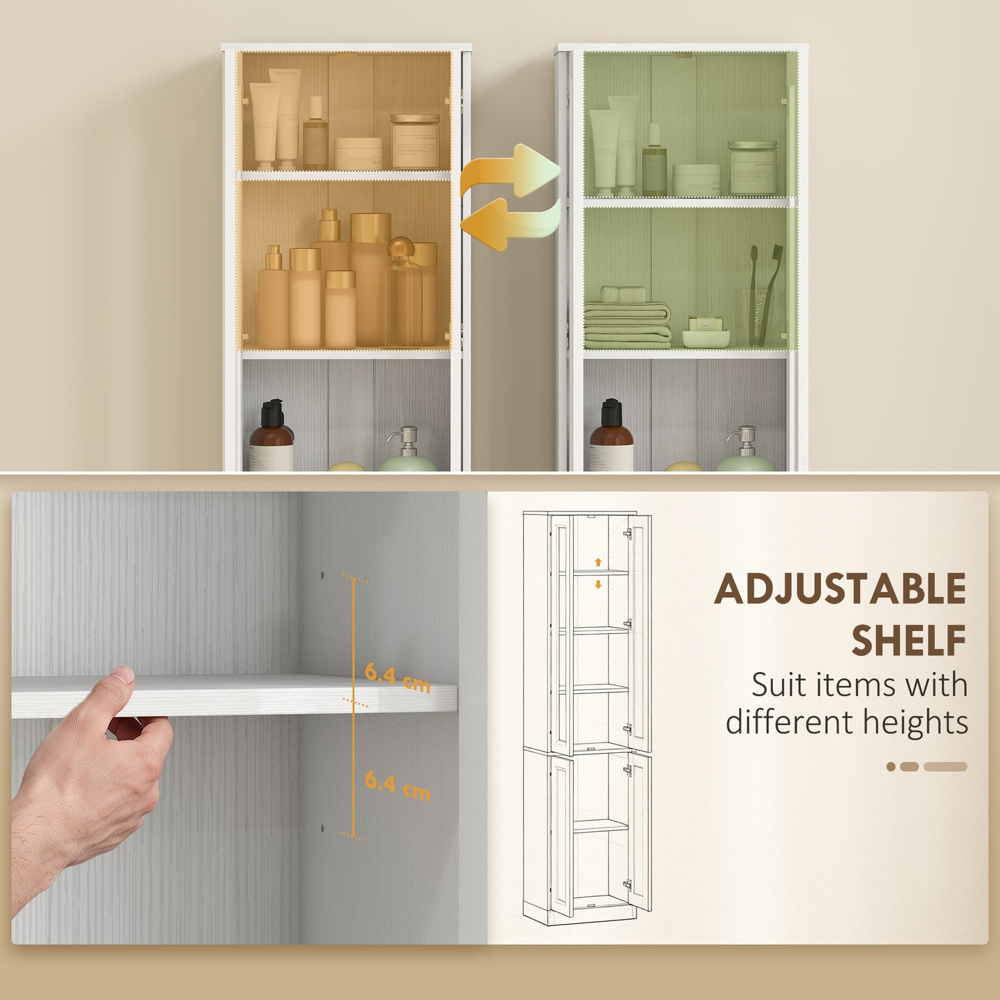 Tall Bathroom Storage Cabinet, 6-Tier Slim Bathroom Cabinet with Adjustable Shelf, 4 Soft-Close Doors, White