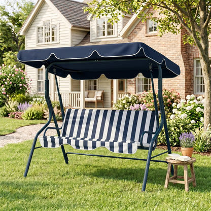 3 Seater Garden Swing Seat Chair Outdoor Bench with Adjustable Canopy and Metal Frame, Blue Stripes