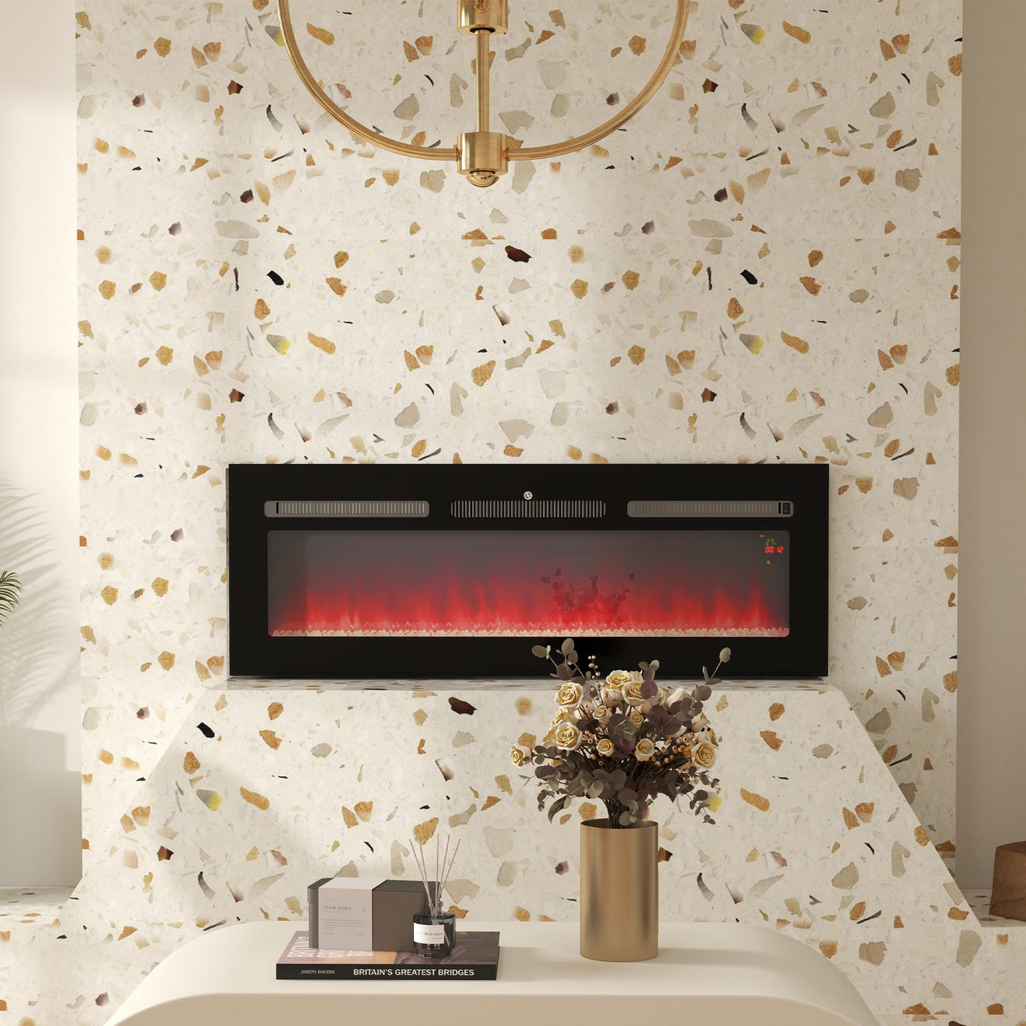 127cm/50" Electric Fireplace, 2000W Recessed and Wall Mounted Electric Fire with Remote Control, 9 Flame Colour and Crystal