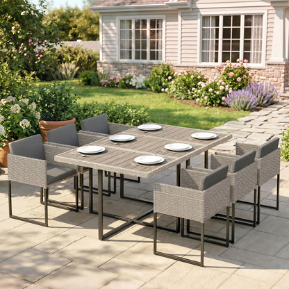 7 Piece Rattan Garden Furniture Set, Garden Dining Set with Wood-Plastic Table and 6 Stackable Chairs, Light Grey
