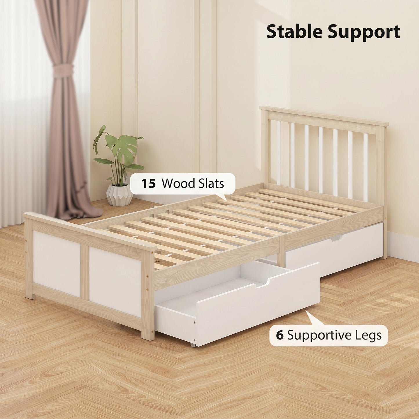 Pine Storage Bed, 3ft Single Solid Wooden Bed Frame with Drawers, Headboard, Wood Slat Support, Natural Wood Finish