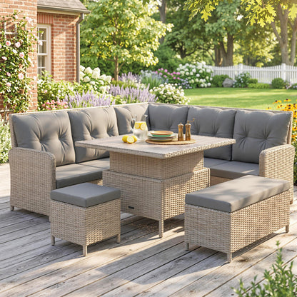 7 Seater Rattan Garden Furniture Set, 6 Piece Patio Dining Set with Liftable Coffee Table and Soft Padded Cushion