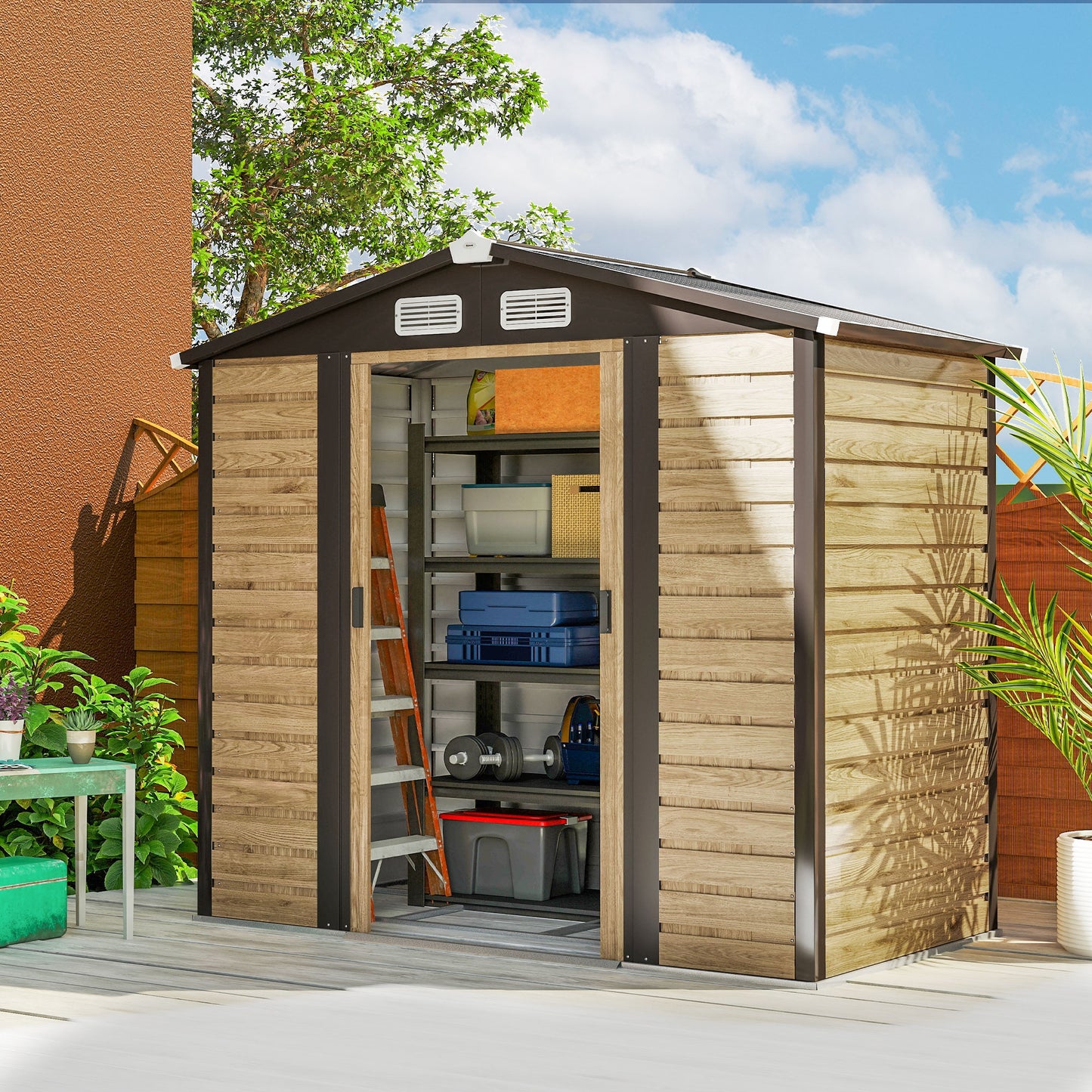 7 x 4ft Garden Shed, Easy to Assemble, Upgraded Galvanised Steel Frame with Foundation Kit, Double Doors with Lock