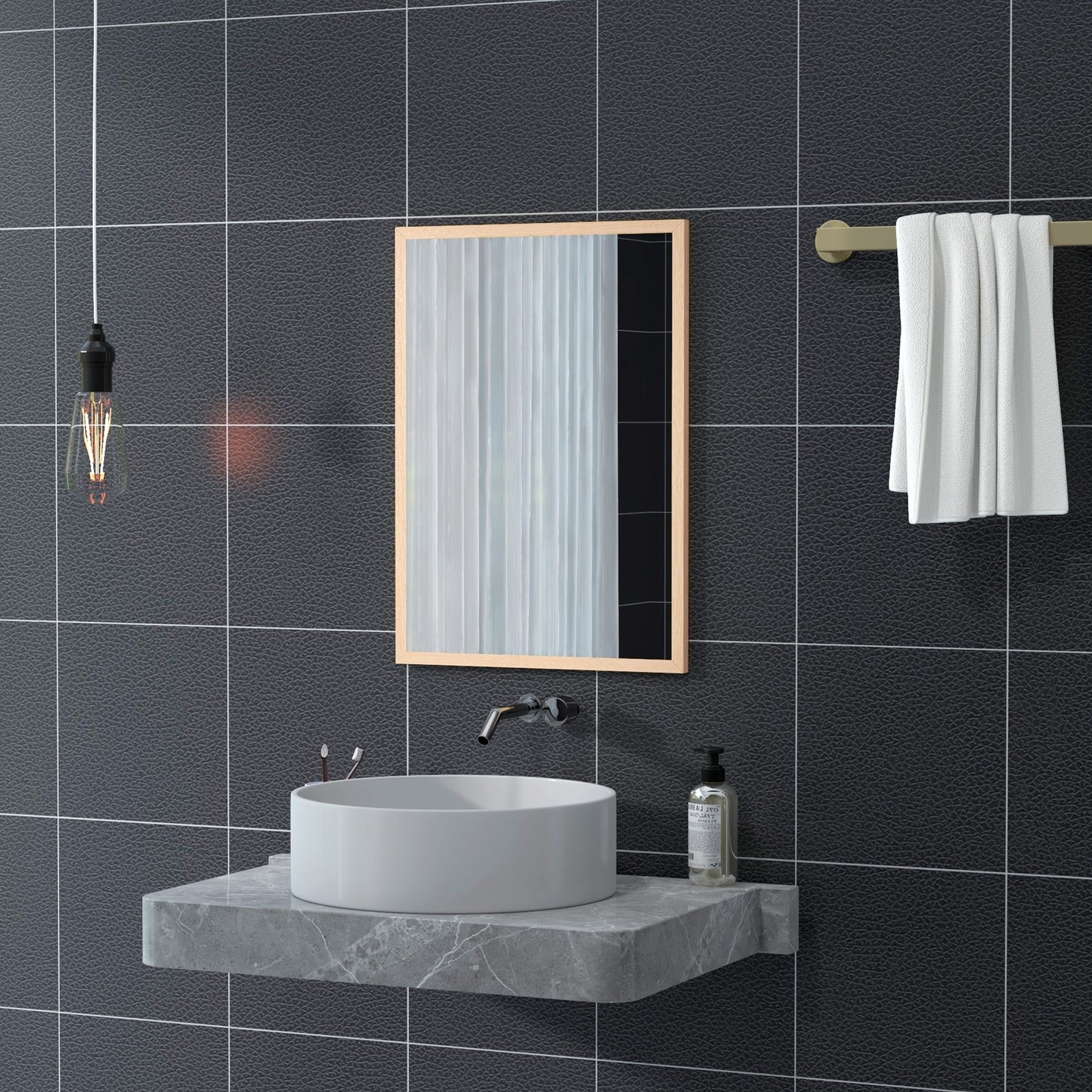 Wall Bathroom Mirror, 70 x 50 cm Wall-Mounted Mirror for Living Room, Bedroom, Hallway, Natural Wood