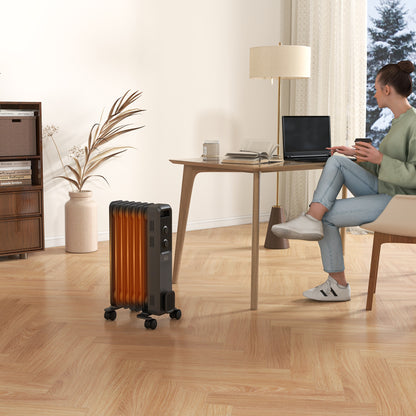 1500W Oil Filled Radiator, Portable Electric Heater with 3 Heat Settings, Safety Cut-Off and Wheels, Grey