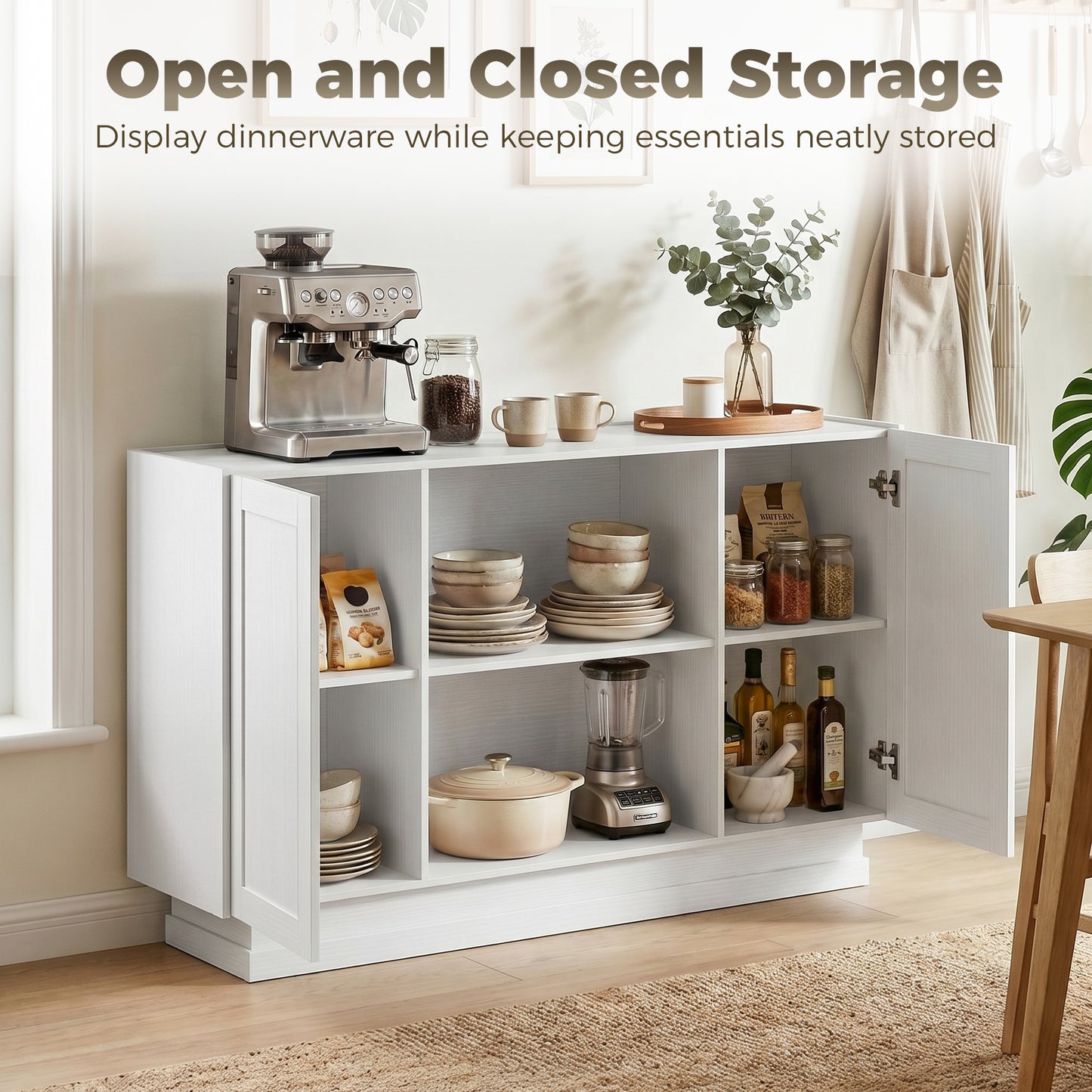 Sideboard Buffet Cabinet, 133 cm Storage Cabinet with 2 Open Shelves, 2 Cupboards and Soft Close Doors, White