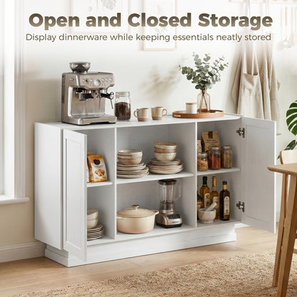 Sideboard Buffet Cabinet, 133 cm Storage Cabinet with 2 Open Shelves, 2 Cupboards and Soft Close Doors, White