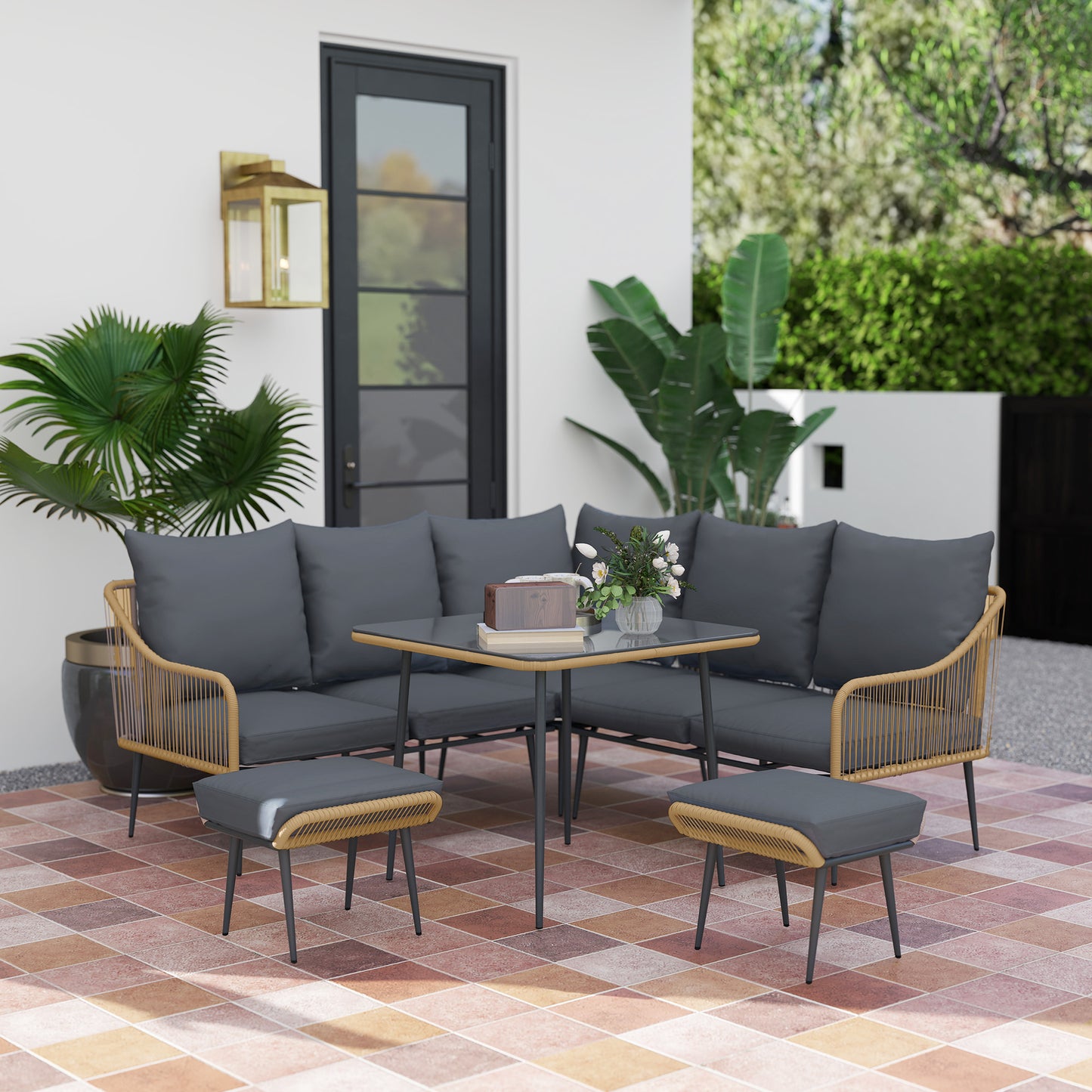 Six-Piece Rattan Strong Garden Sofa Set - Brown/Grey