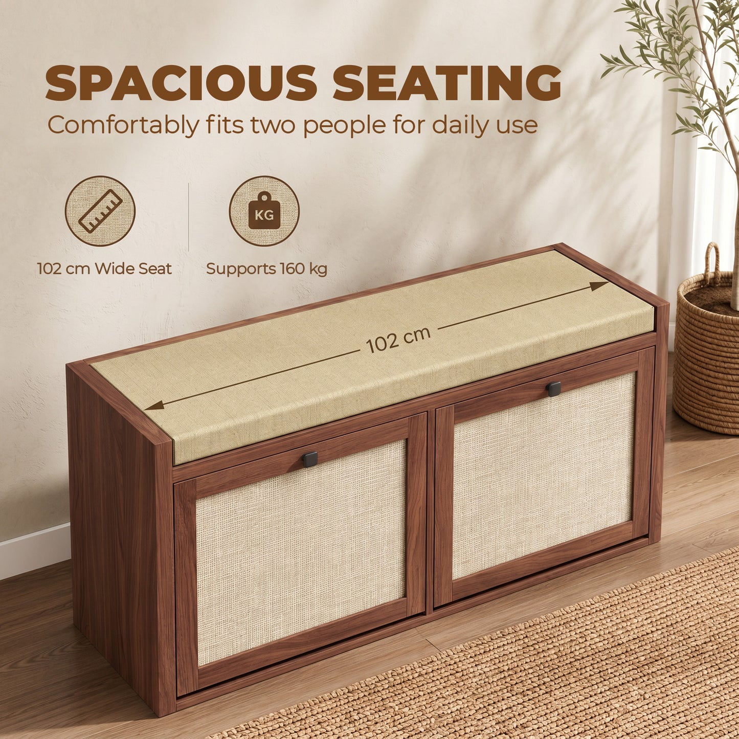 Rattan Shoe Bench with Padded Cushion and 2 Cabinets for Hidden Storage, Brown