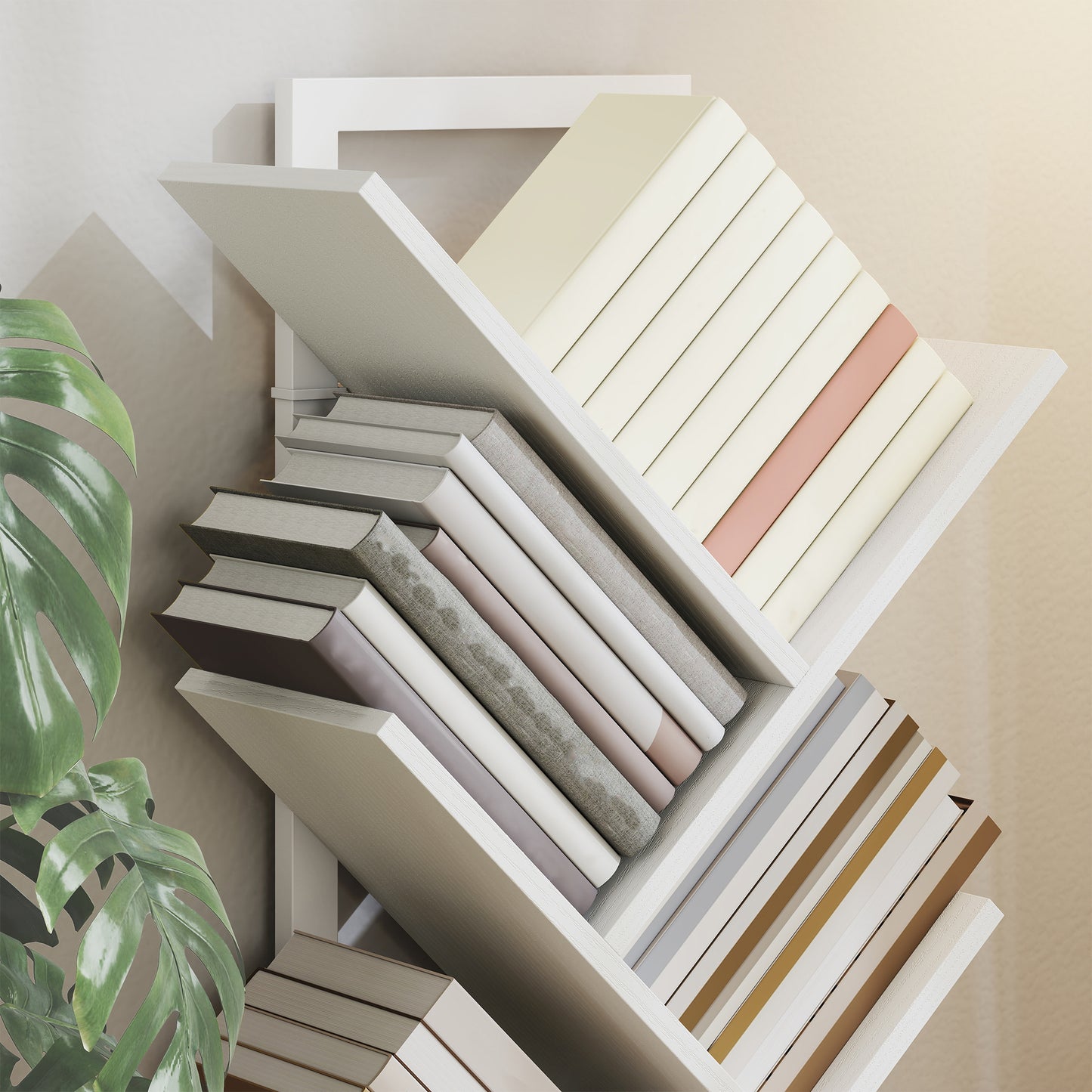 9-Tier Tree Bookshelf, Industrial Free Standing Bookcase with Steel Frame, Display Storage White