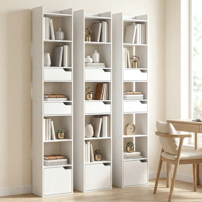 Bookcase Tall Narrow with 5 Tiers and Drawers Freestanding Bookshelf Storage Cabinet for Living Room White Wood Effect