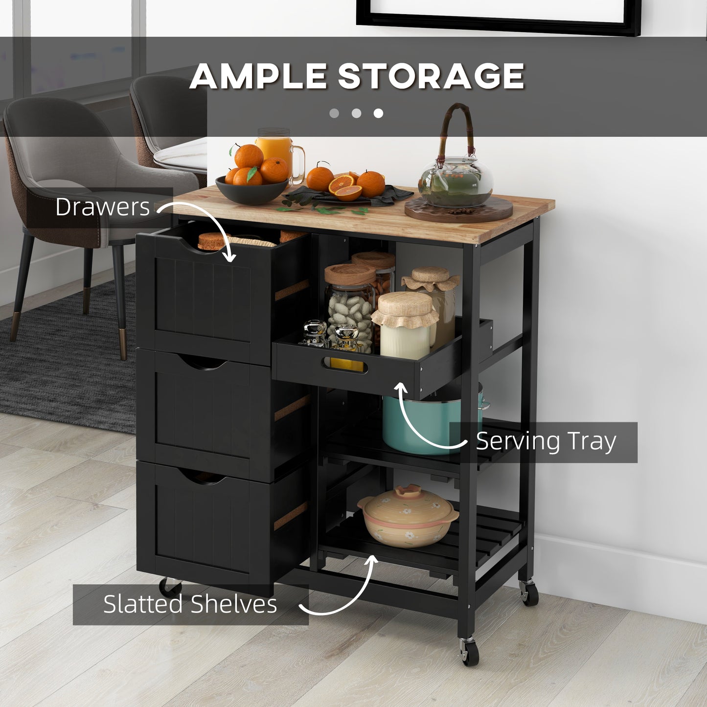 Rolling Kitchen Island Cart, Bar Serving Cart, Compact Trolley on Wheels with Wood Top