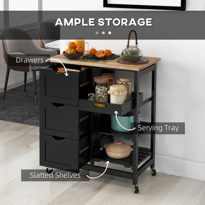 Rolling Kitchen Island Cart, Bar Serving Cart, Compact Trolley on Wheels with Wood Top