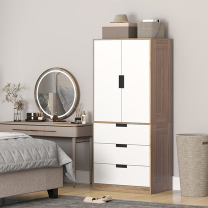 Modern Clothes Storage Cupboard Unit, 3 Drawer 2 Door Wardrobe with Hanging Rod, White/Brown