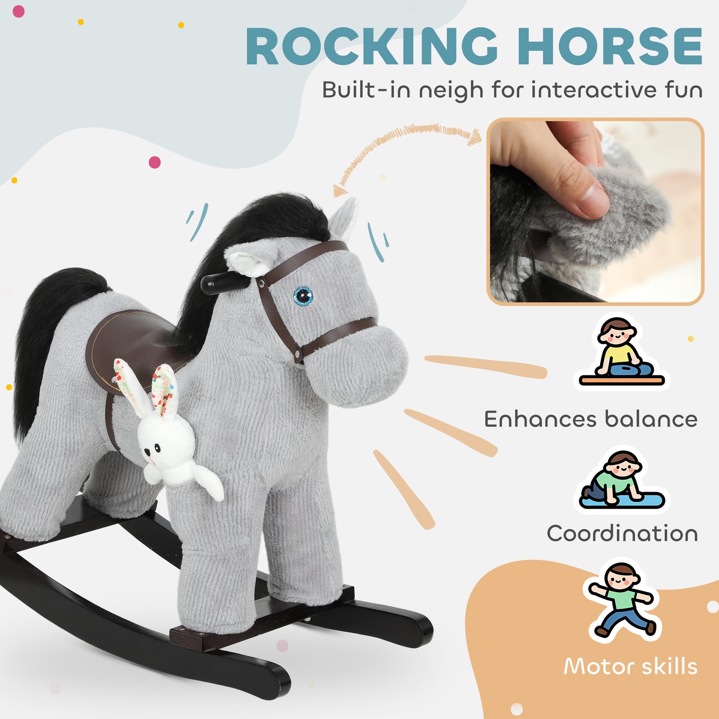 Baby Rocking Horse, Plush Ride on Toy with Handle Grip, Sound and Doll, Toddler Animal Rocker for Kids Aged 2-5, Grey