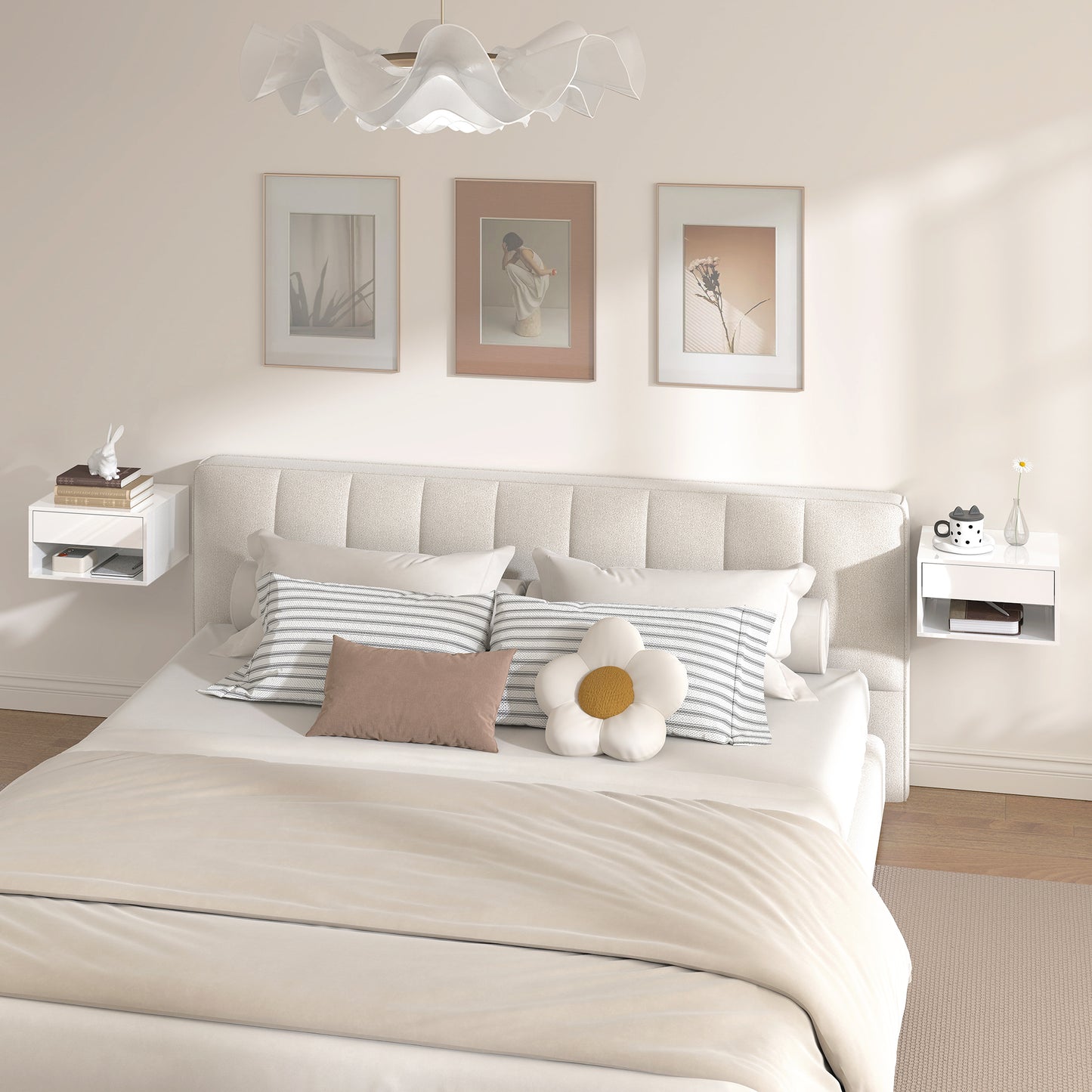 Set of Two Floating Bedside Tables, Wall Mounted Nightstand with Drawer and Open Shelf, High Gloss White
