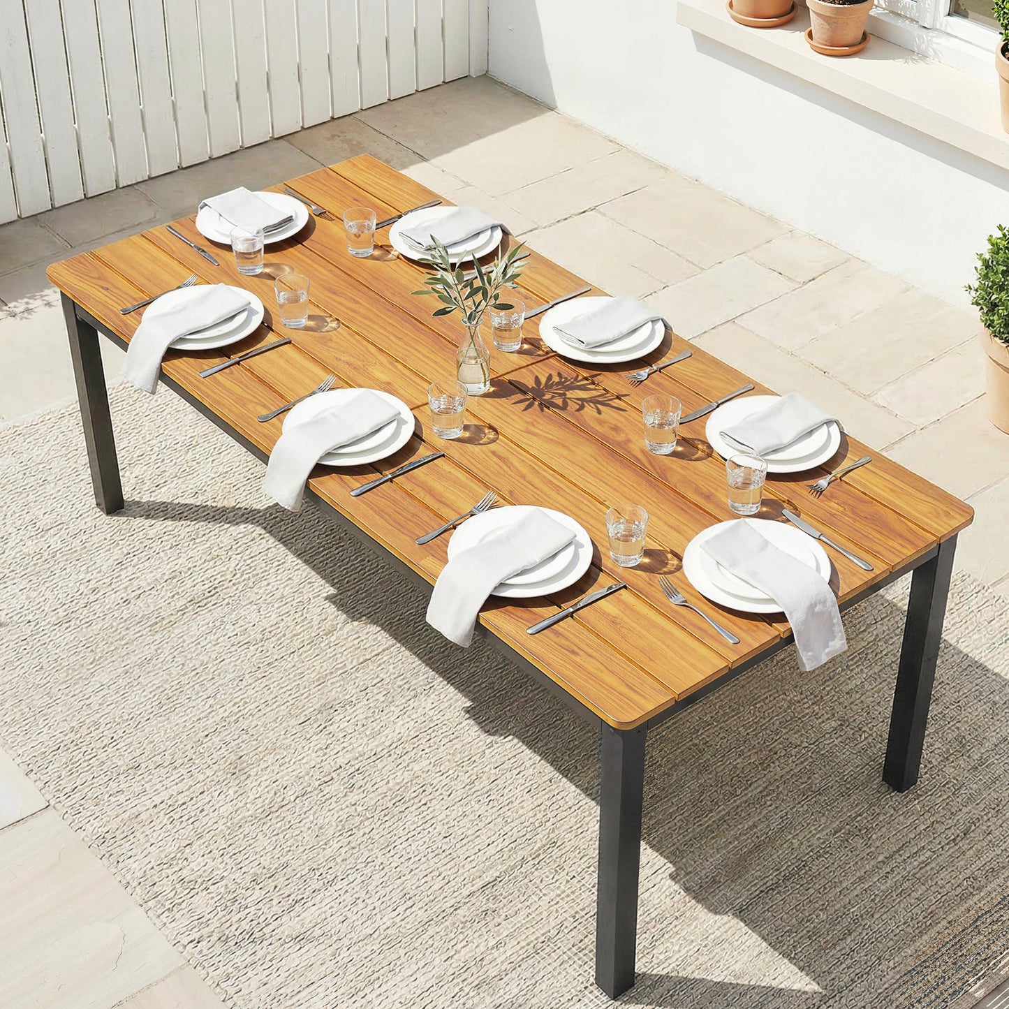 Garden Dining Table for 6-8 Person, 180 x 86 cm Rectangular Outdoor Dining Table with Wood Slatted Top, Teak