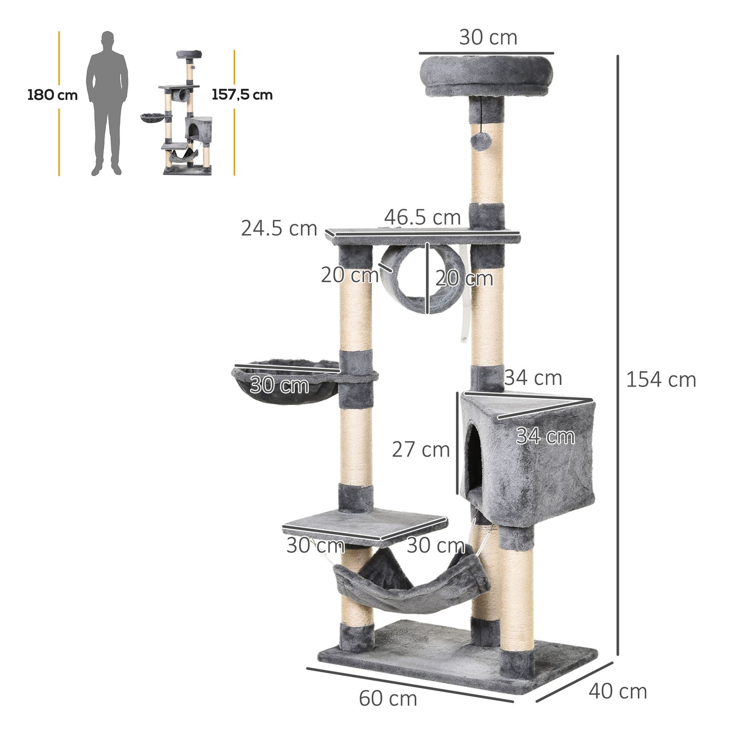 Cat Tree for Indoor Cats Condo Tower Multi-level Height 150CM Kittens Activity Stand House with Toys & Various Scratching Pos