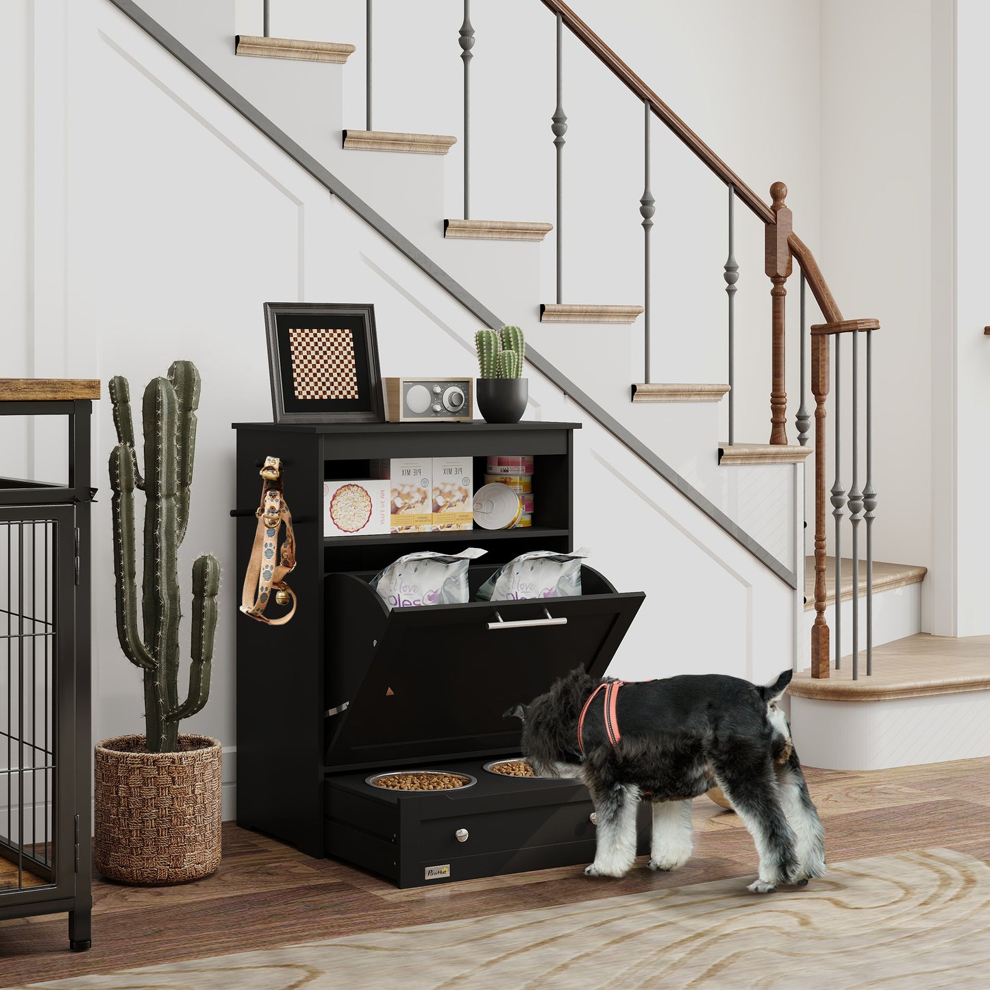 Pet Feeder Station, Dog, Cat Storage Container, with Raised Bowls, Hanger, Cabinet - Black