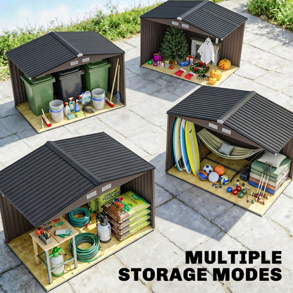 9 x 6ft Metal Garden Shed, Outdoor Storage Tool House with Ventilation Slots, Foundation Kit and Lockable Double Doors, Brown