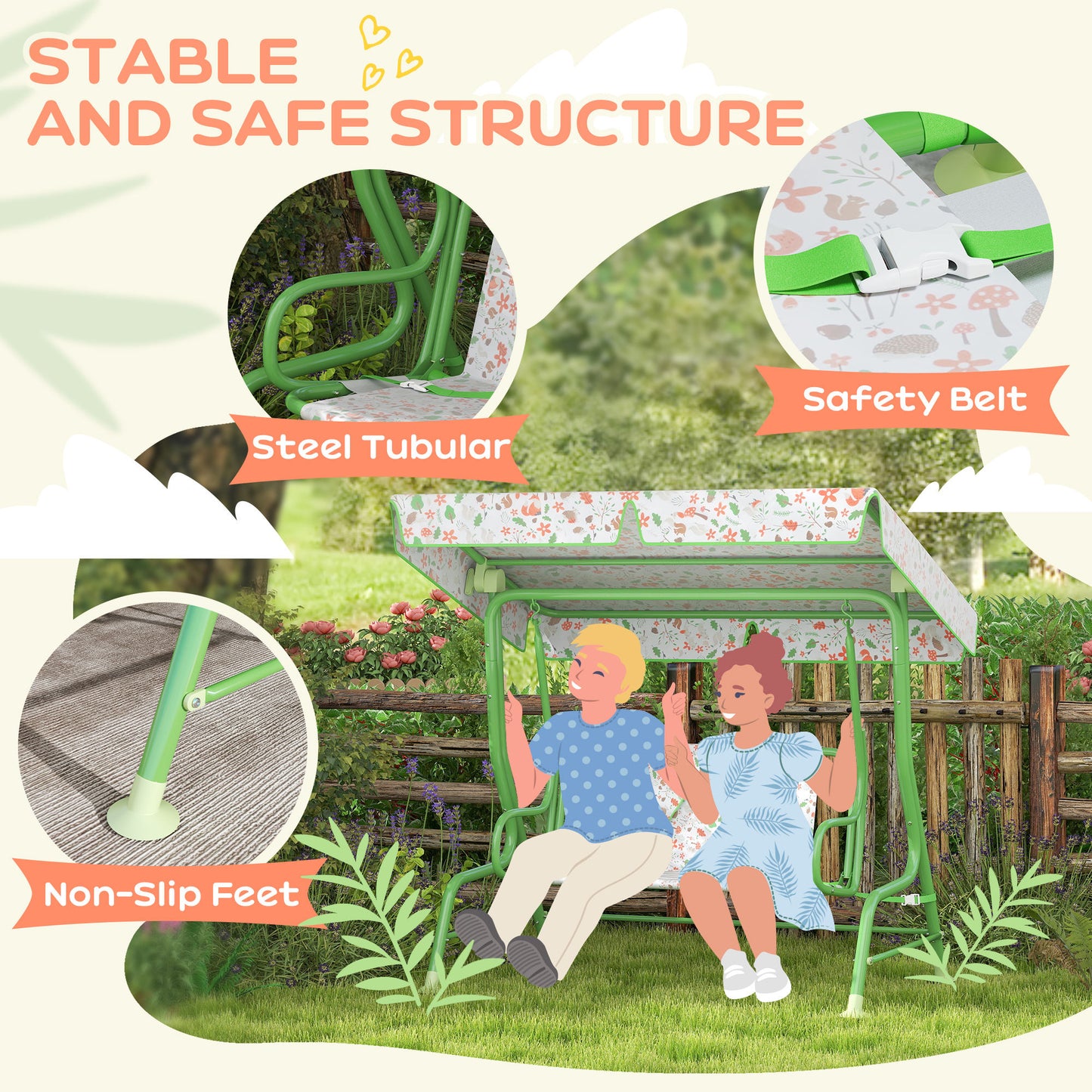 Kids Garden Swing Chair with Adjustable Canopy, Safety Belt, 2 Seater Hammock Swing Bench for Patio, Porch, Green