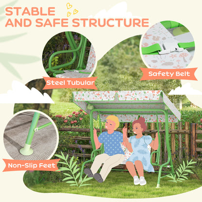 Kids Garden Swing Chair with Adjustable Canopy, Safety Belt, 2 Seater Hammock Swing Bench for Patio, Porch, Green