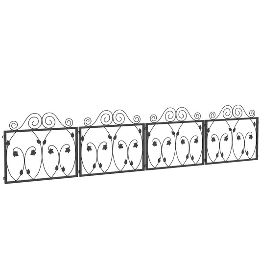 Set of Four 57cm Leaf Scroll Metal Fence Panels - Black