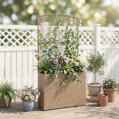 Rattan Planter with Trellis, Raised Beds for Garden with Liner for Climbing Plants Vegetables Flowers, Light Grey
